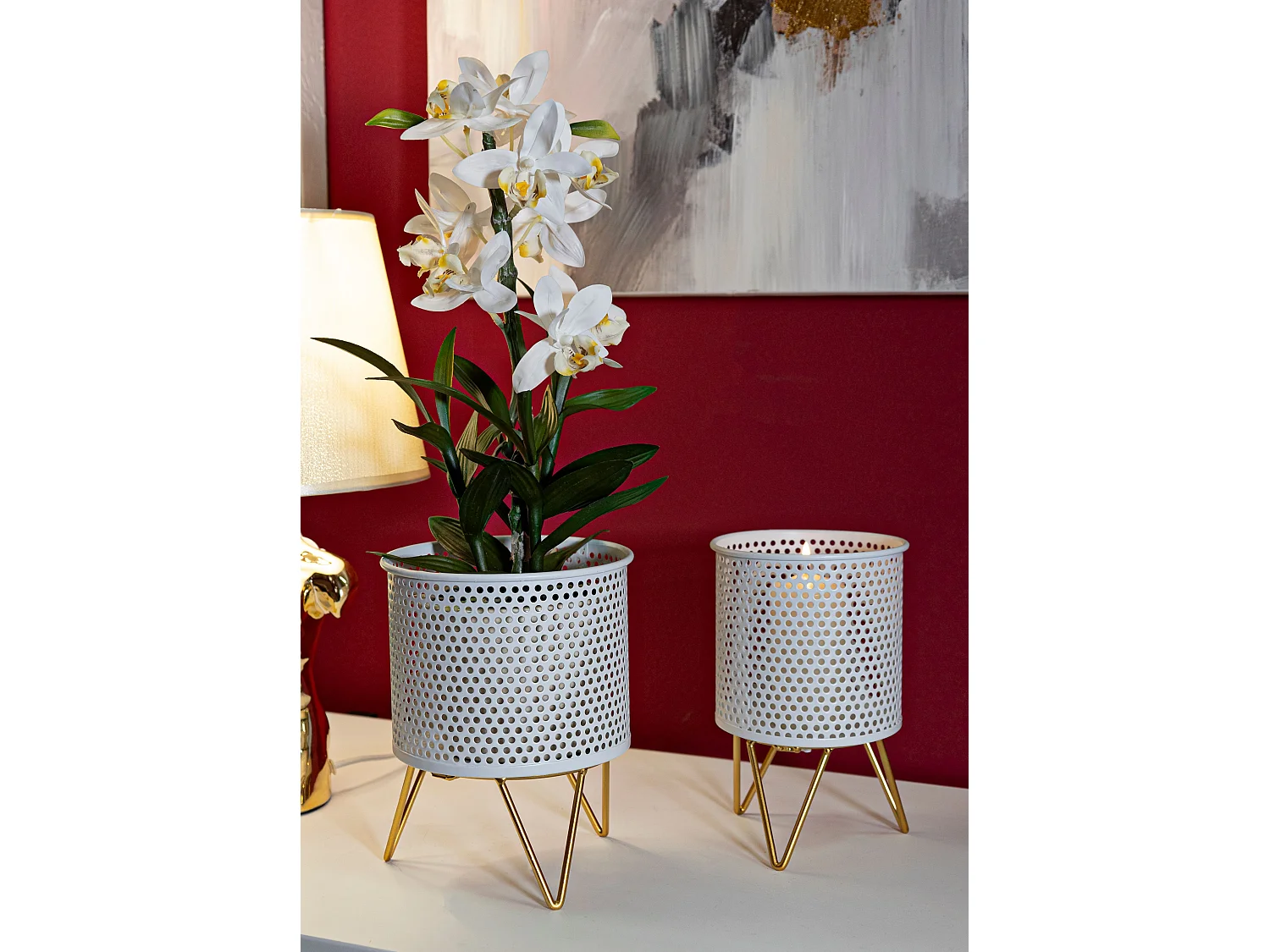 Lot de 2 Cache-Pots Design "Gaspy" 20cm Blanc & Or