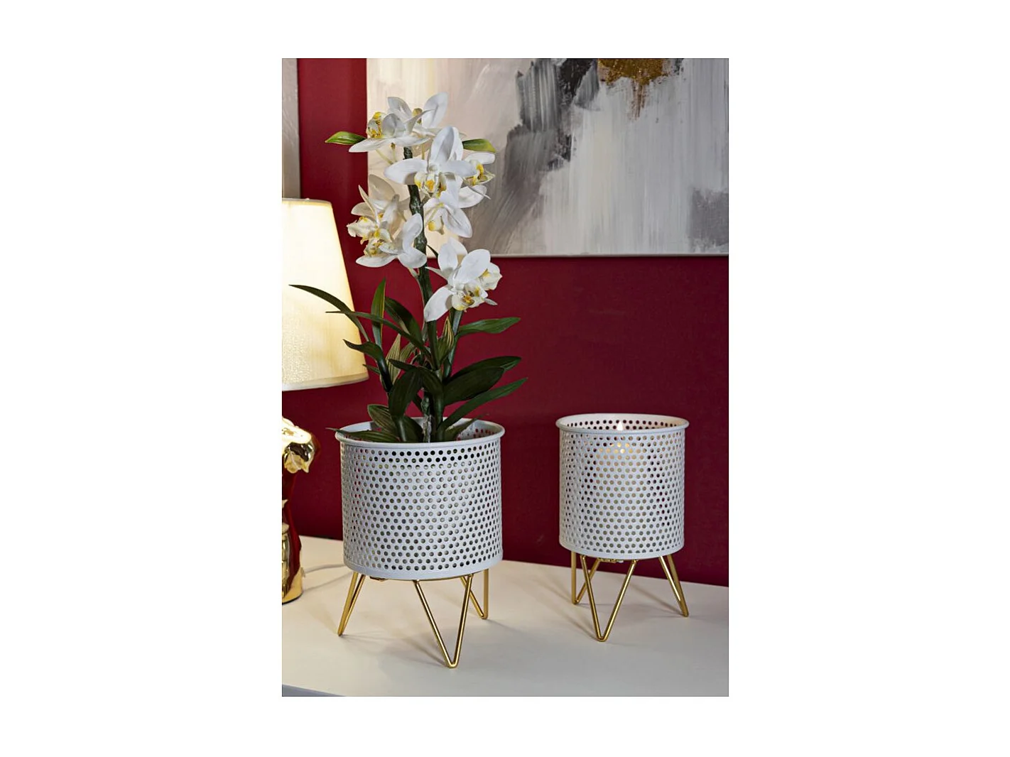 Lot de 2 Cache-Pots Design "Gaspy" 20cm Blanc & Or