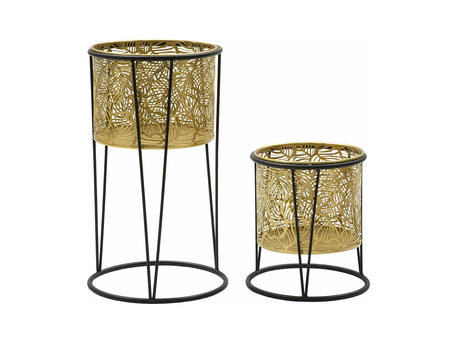Support de Vase congé - Set de 2, Métal Doré et Noir, Design Feuilles, Ø 21 cm x 40 cm & Ø 19 cm x 22 cm