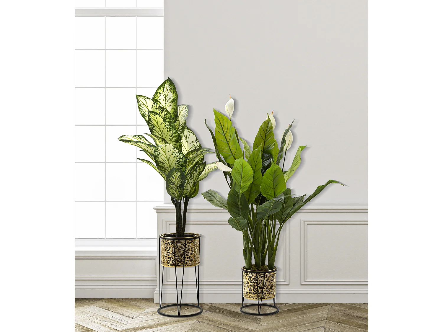 Lot de 2 Cache-Pots sur Pied "Leavy" 40cm Or & Noir