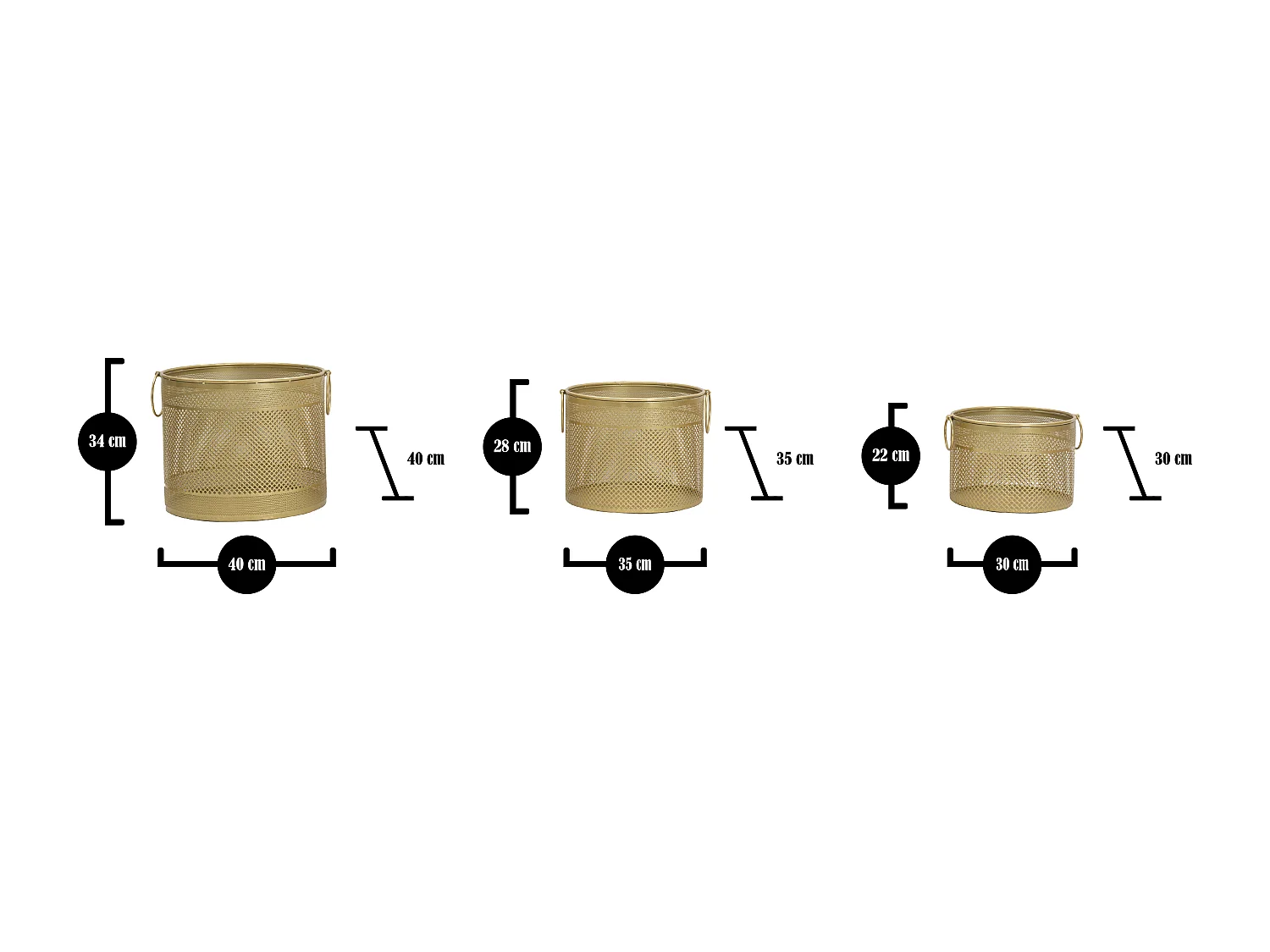 Set di 3 portavasi intagliati in metallo dorato Ø cm 40x34-35x28-30x22