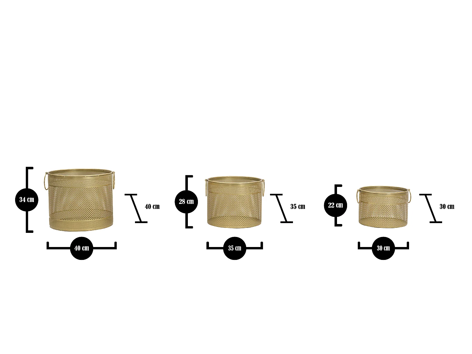 Set van 3 gesneden gouden metalen plantenpotten Ø cm 40x34-35x28-30x22