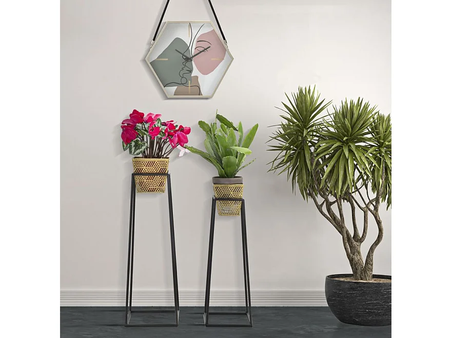 Set di 2 portavasi in metallo dorati con basi cm 23x23x70-20x20x60