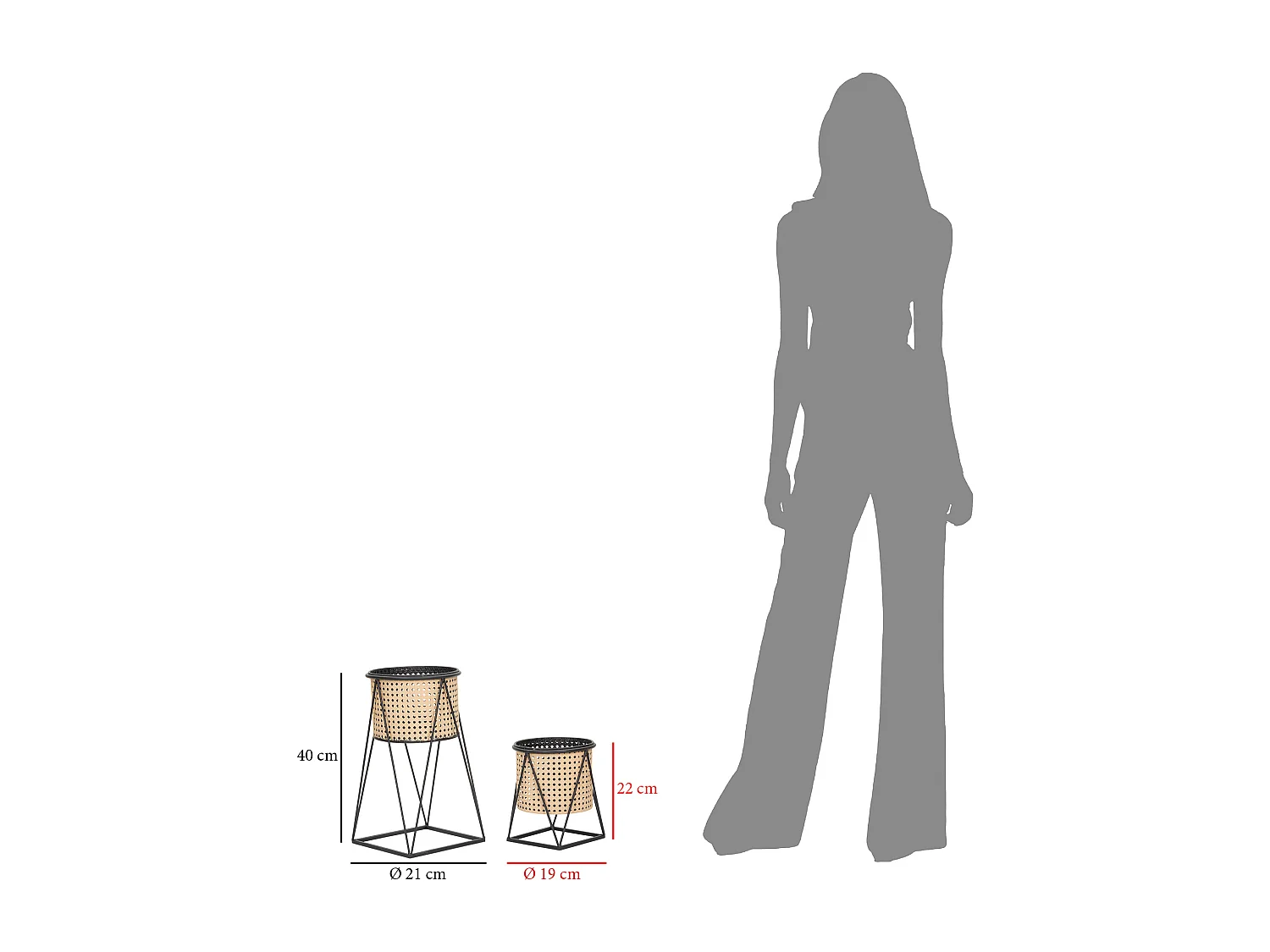 Lot de 2 Cache-Pots sur Pied "Osaka" 40cm Noir & Naturel