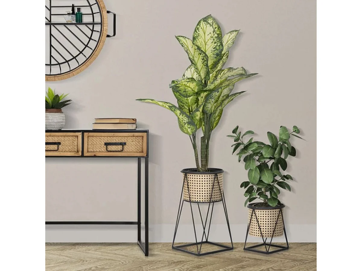 Lot de 2 Cache-Pots sur Pied "Osaka" 40cm Noir & Naturel