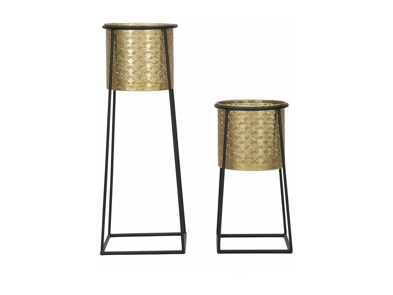 Set di 2 portavasi in metallo dorati e neri Ø cm 26x70 e 23x45