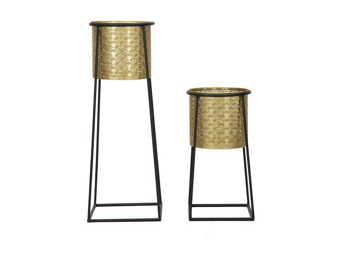 Set di 2 portavasi in metallo dorati e neri Ø cm 26x70 e 23x45