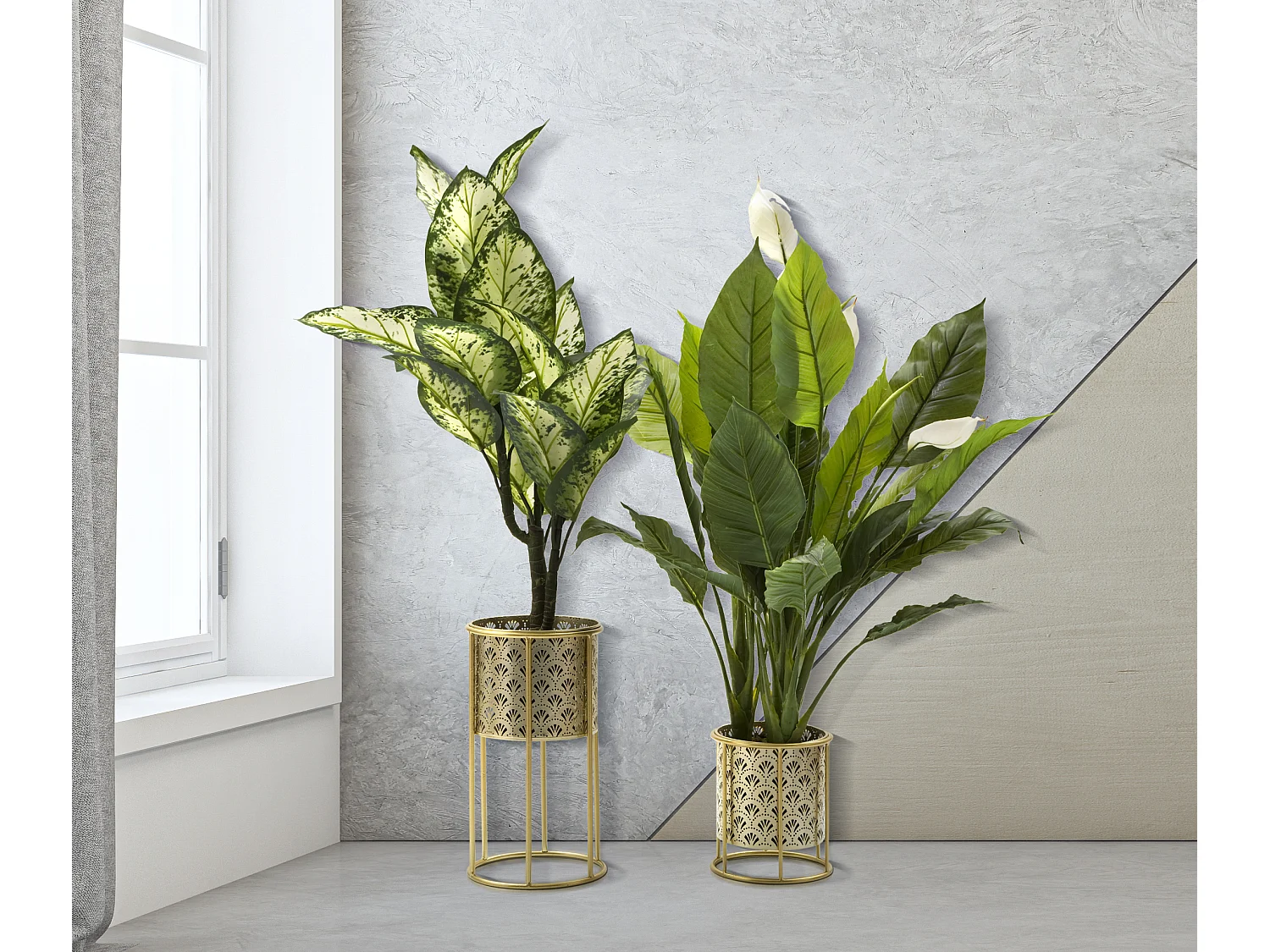 Set van 2 gouden metalen plantenpotten Ø cm 21x40-19x22