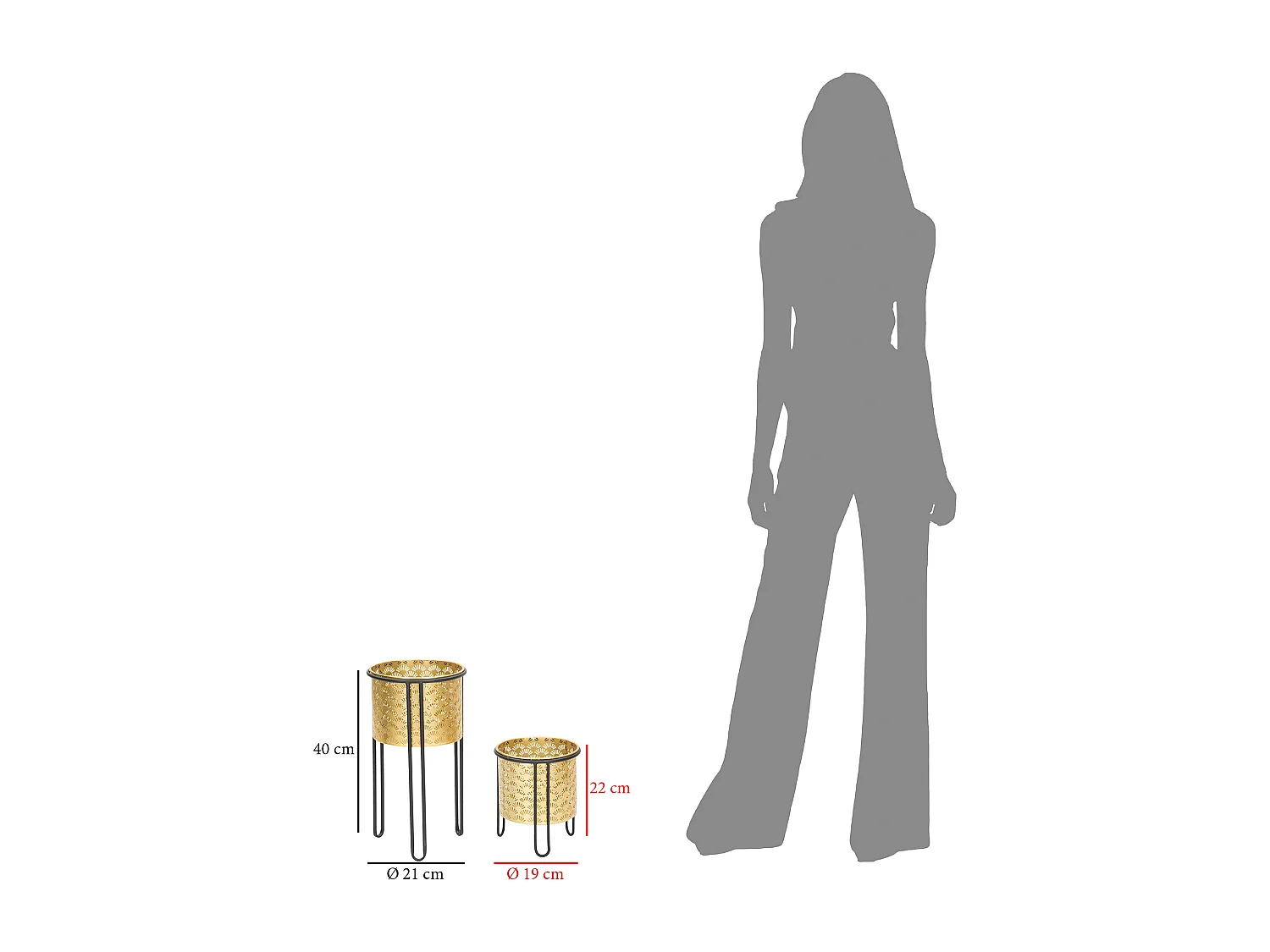 Set di 2 portavasi in metallo dorati e neri Ø cm 21x40-19x22