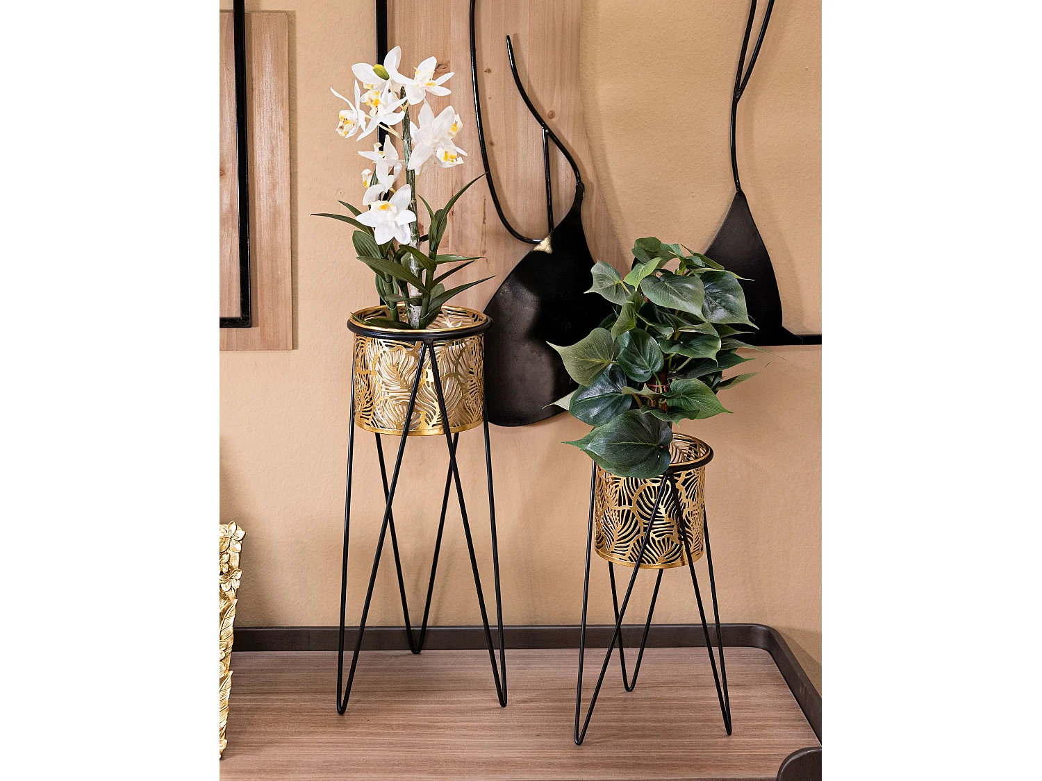 Lot de 2 Cache-Pots sur Pied "Drak" 46cm Or & Noir