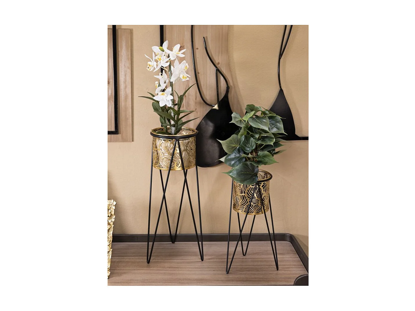 Lot de 2 Cache-Pots sur Pied "Drak" 46cm Or & Noir