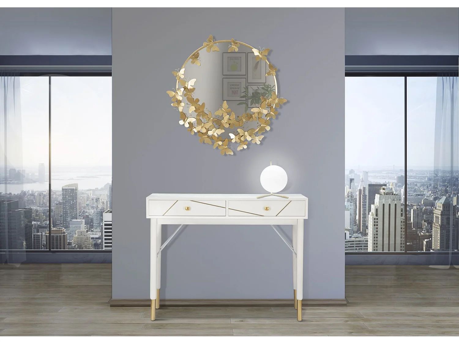 Espejo redondo de pared dorado con mariposas decorativas 74cm Butterfly S