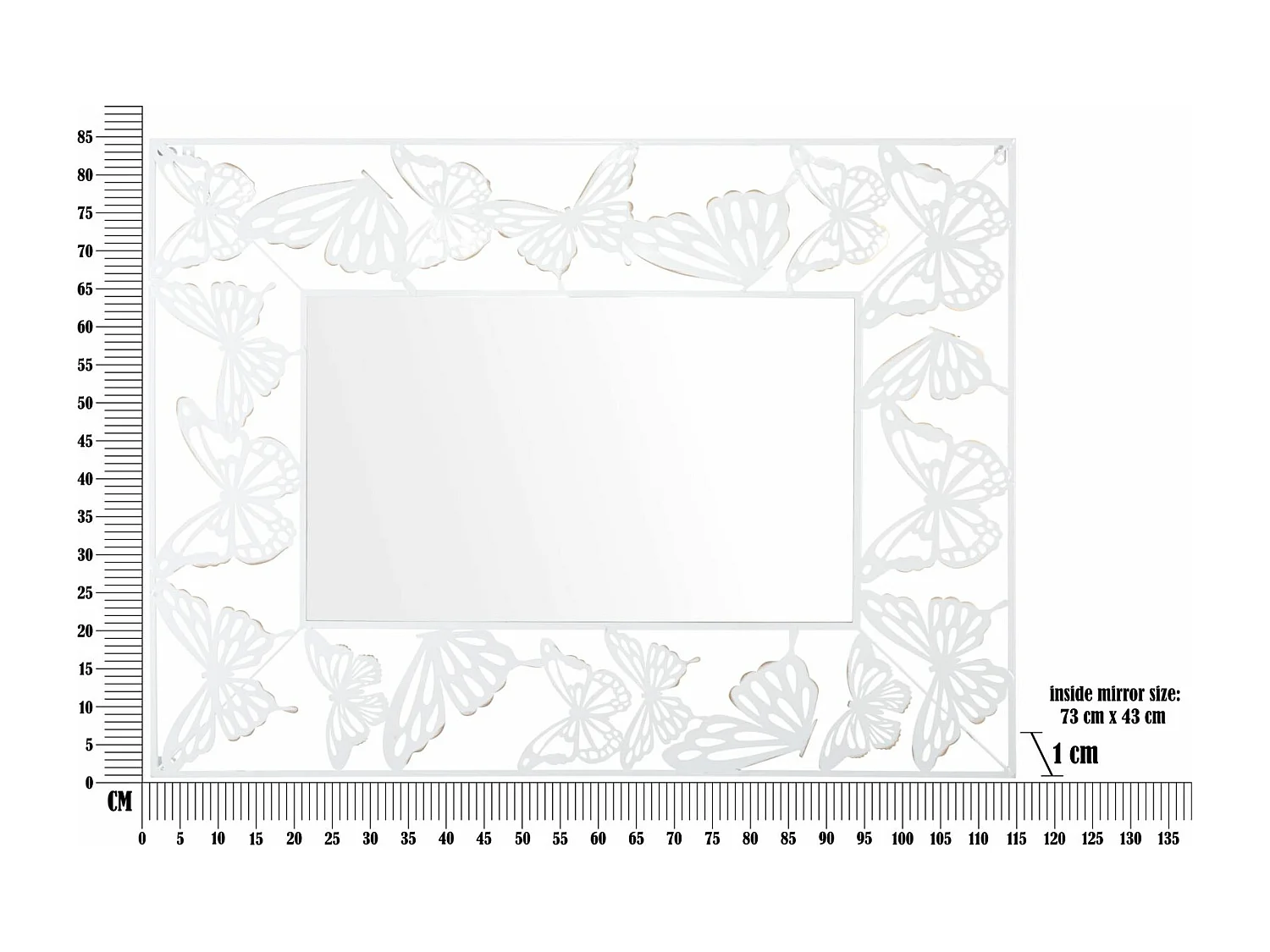 Specchio da parete con farfalle in volo in metallo bianco cm 85x1x115