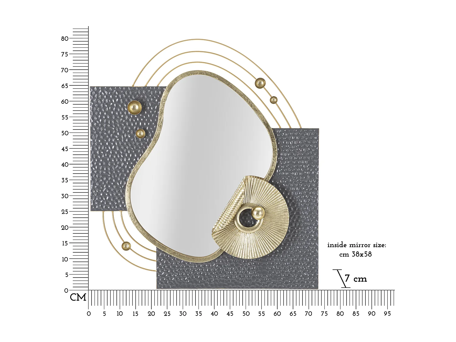 Specchio da parete in metallo dorato e grigio cm 80x7x72,4