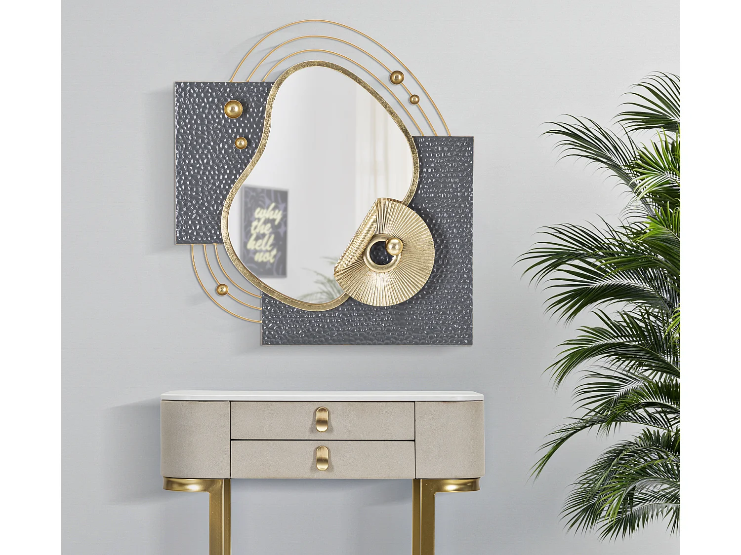 Miroir Mural Design "Art" 80cm Gris & Or