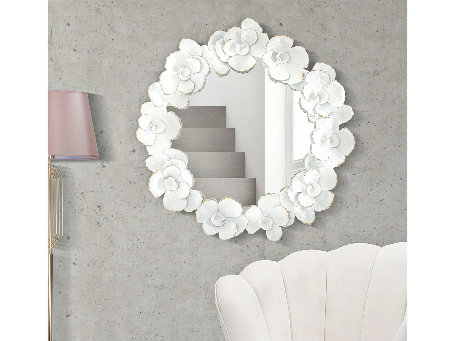 Specchio da parete con fiori in metallo bianco cm 82x2,6x85,5