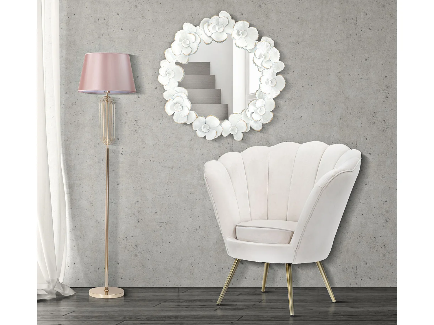 Specchio da parete con fiori in metallo bianco cm 82x2,6x85,5