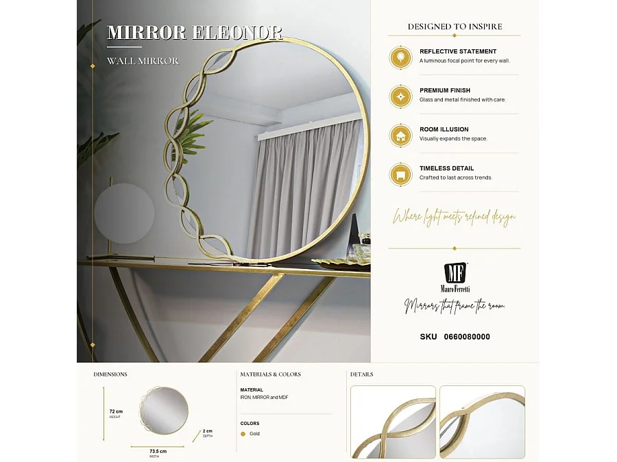 Miroir Mural Design "Eleanor" 73cm Or