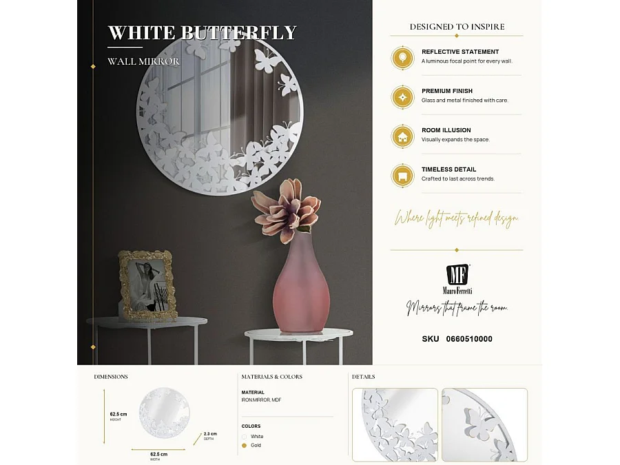 Miroir Mural Design "Butterfly" 62cm Blanc