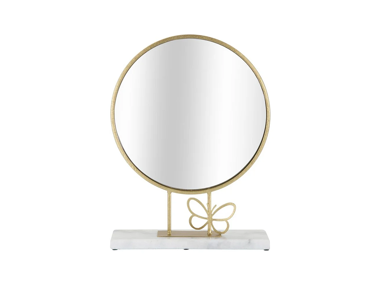 Miroir de Table Rond Butterfly avec Cadre Doré et Base en Marbre Blanc – Décoration Élégante avec Papillon, 30x9x39,5 cm