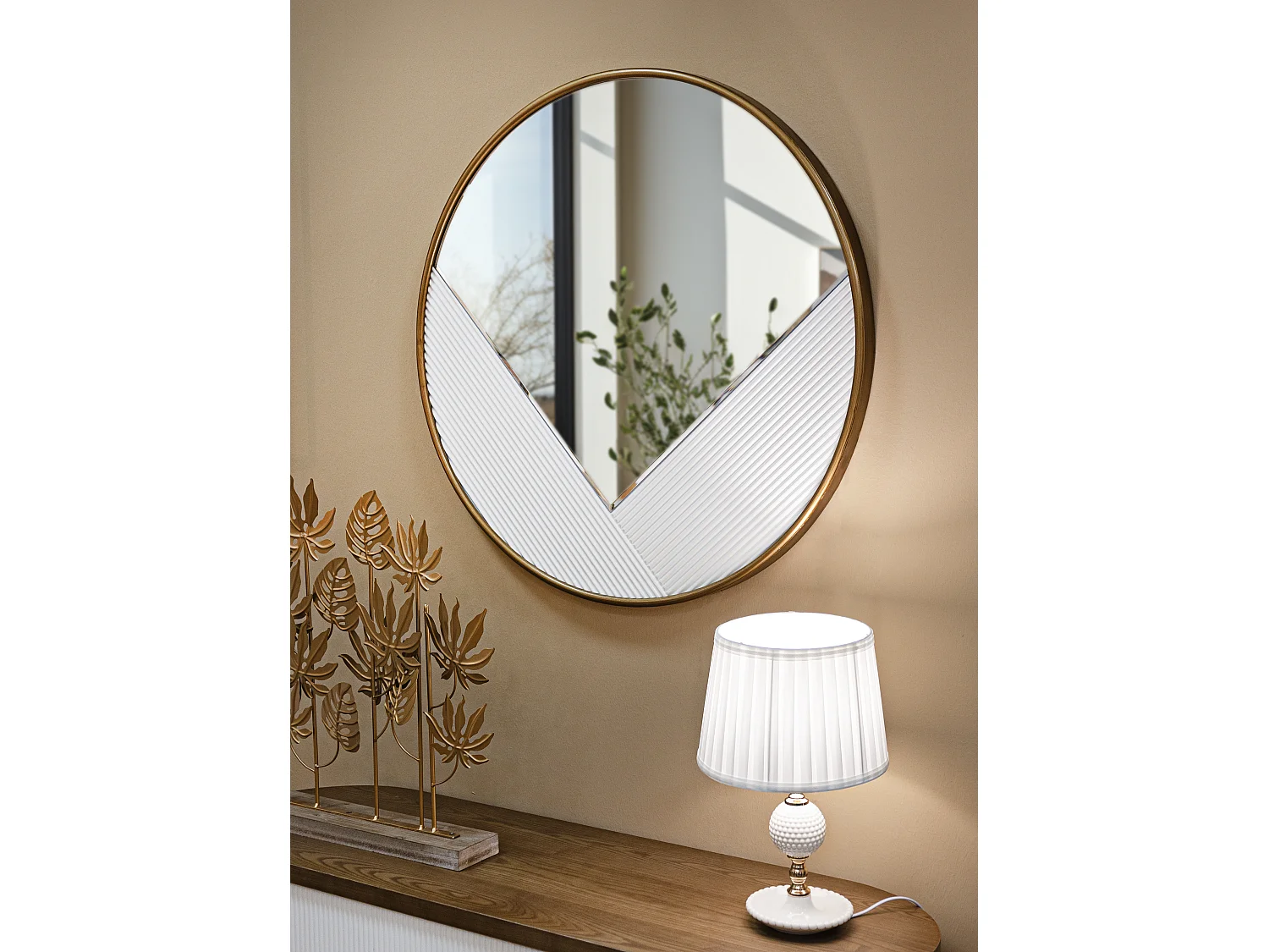 Specchio rotondo da parete in legno bianco intagliato Ø cm 80x4