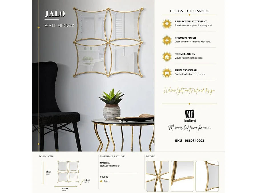 Miroir Mural Composition Déco "Jalo" 68cm Or