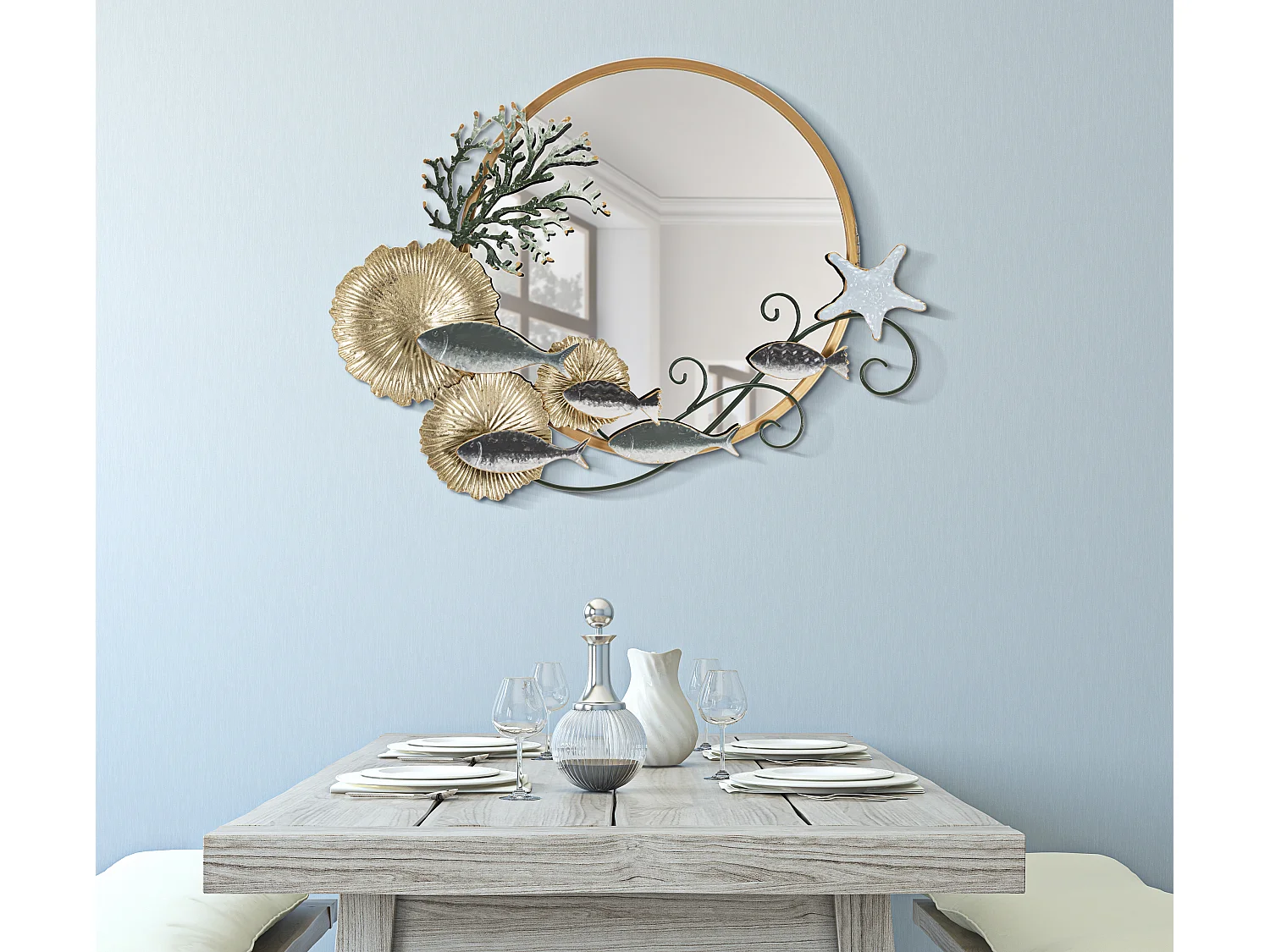 Specchio da parete con pesci in metallo multicolore cm 88,9x7,6x65,4