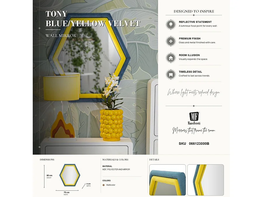 Miroir Mural en Velours "Tony" 80cm Bleu & Jaune