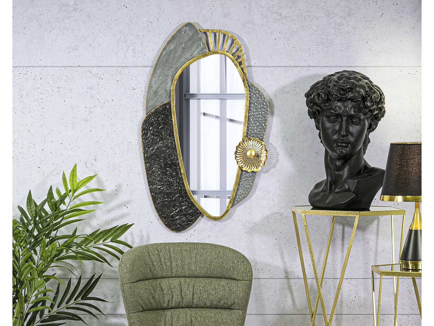 Miroir Mural Design "Art" 90cm Gris & Or