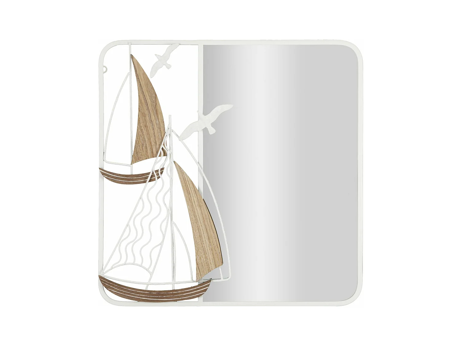 Miroir Mural Adriatic - Cadre Métal Blanc avec Voiliers en Bois - 60x4,4x60 cm