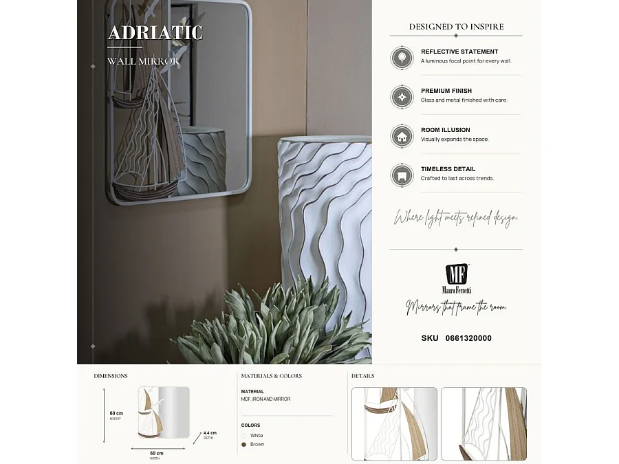 Miroir Mural Design "Adriatic" 60cm Blanc & Naturel