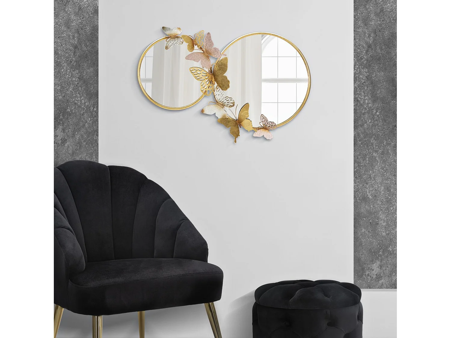 Double Miroir Mural Design "Butterfly" 81cm Or & Rose