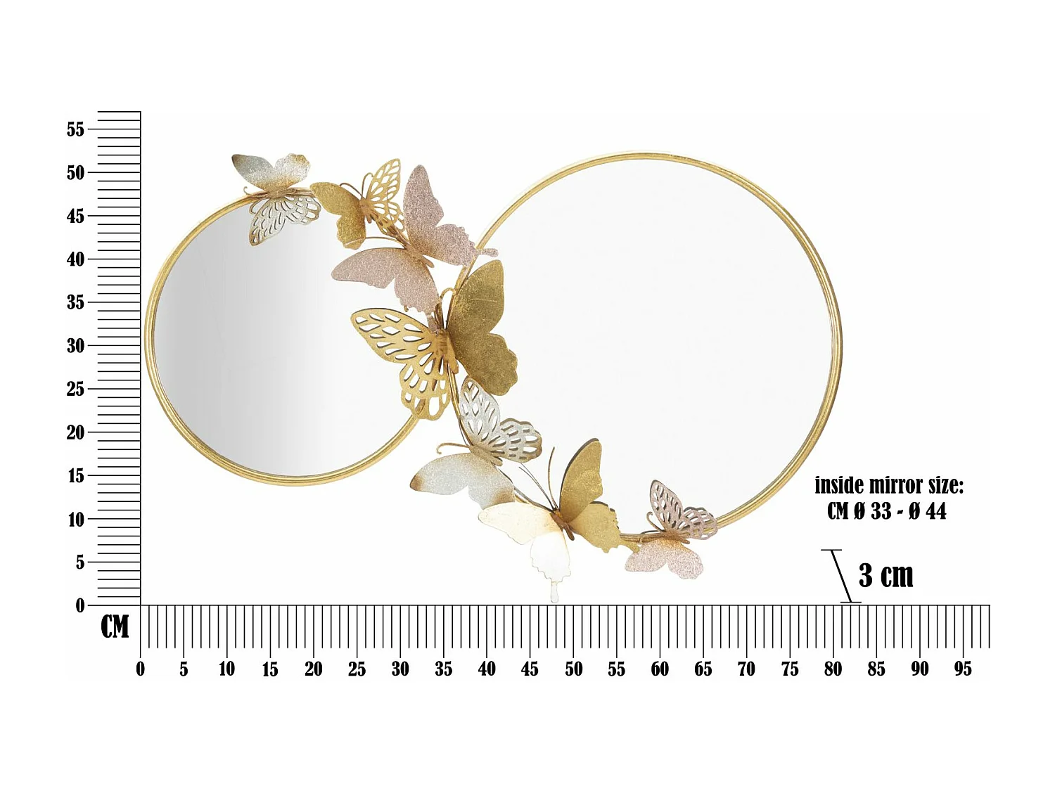 Double Miroir Mural Design "Butterfly" 81cm Or & Rose