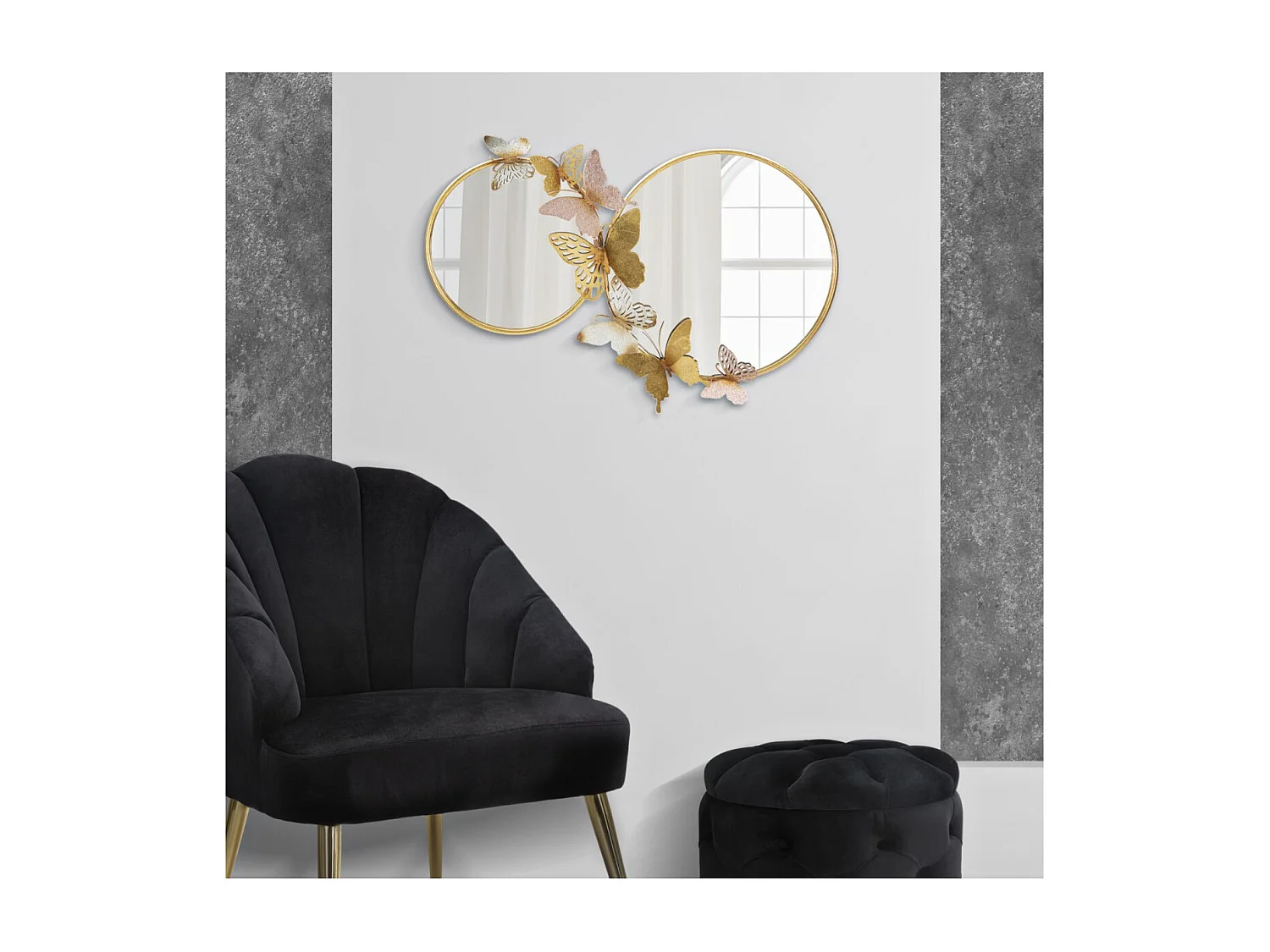 Double Miroir Mural Design "Butterfly" 81cm Or & Rose