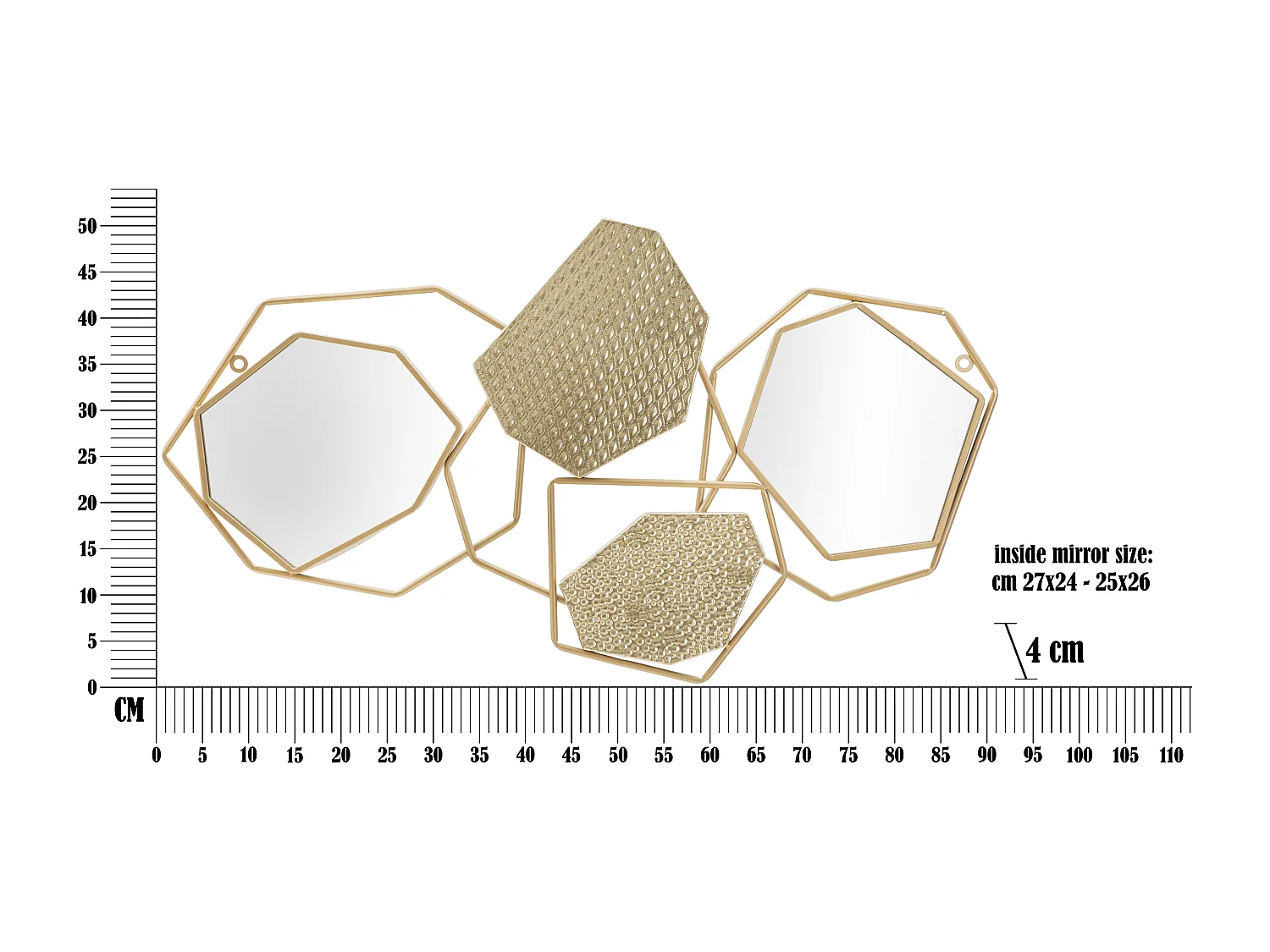 Specchio da parete geometrico in metallo dorato cm 91x4x52