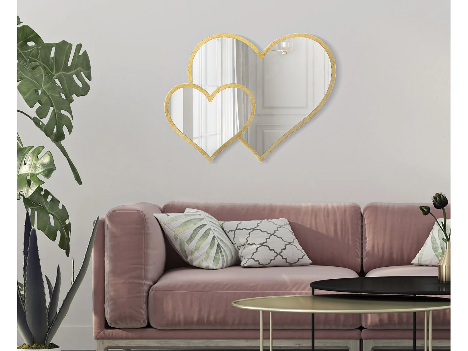 Double Miroir Mural Déco "Cœurs" 65cm Or