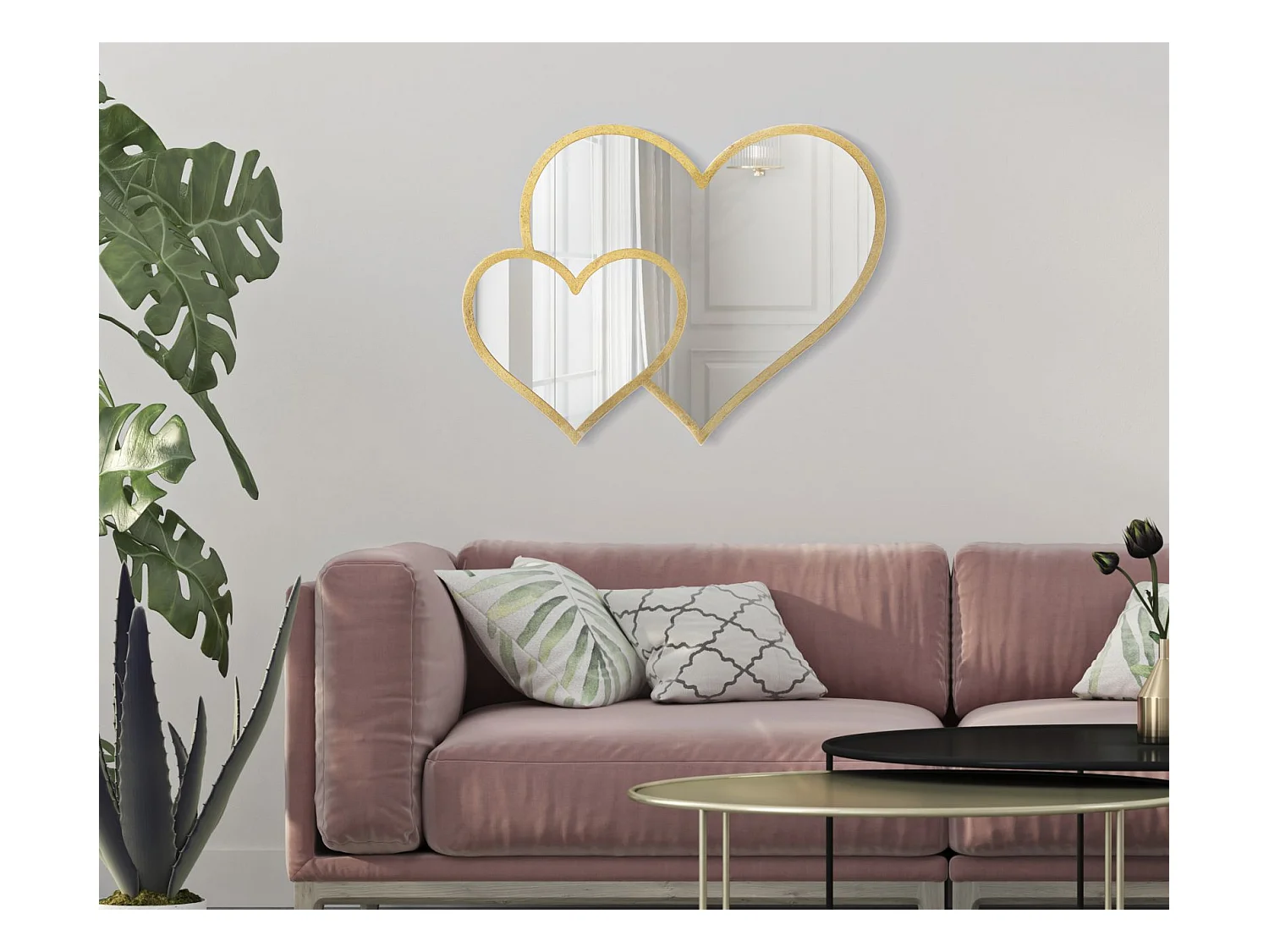 Double Miroir Mural Déco "Cœurs" 65cm Or