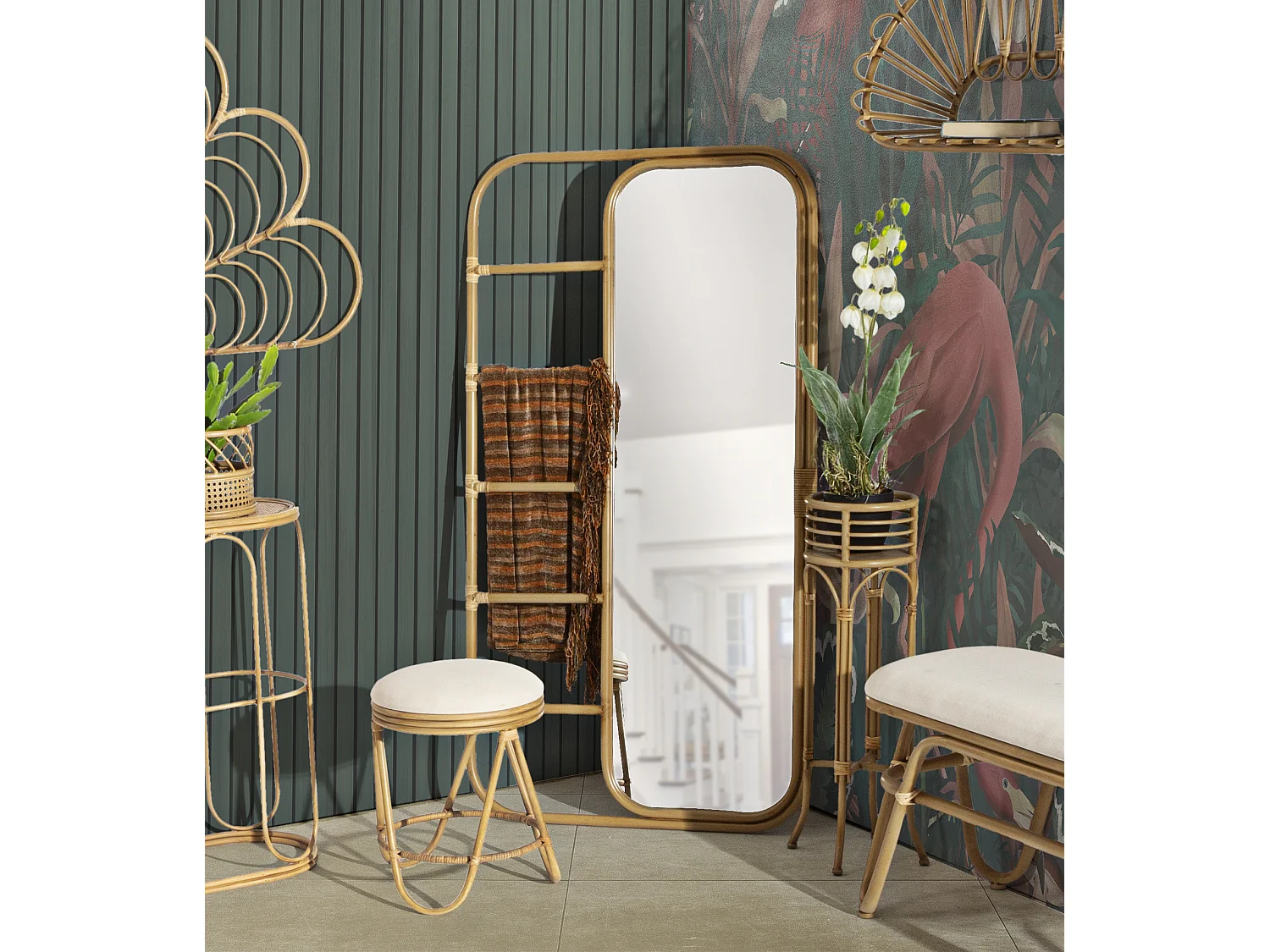 Miroir Échelle Déco Effet Rotin "Panama" 151cm Naturel