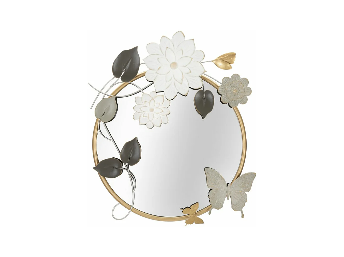 Miroir Mural Rond Tonis - Cadre Doré avec Motifs Fleurs, Feuilles et Papillons Multicolores - 74,9x7x66 cm
