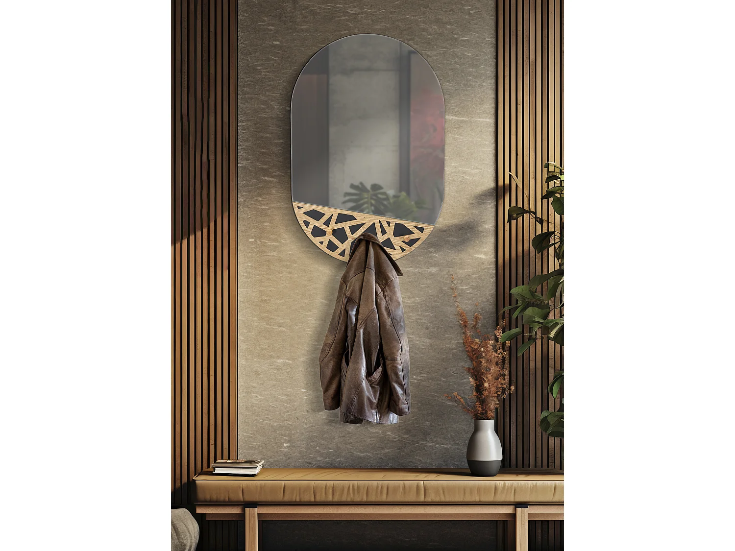 Miroir Mural Avec 3 Crochets "Triangle" 90cm Naturel & Noir