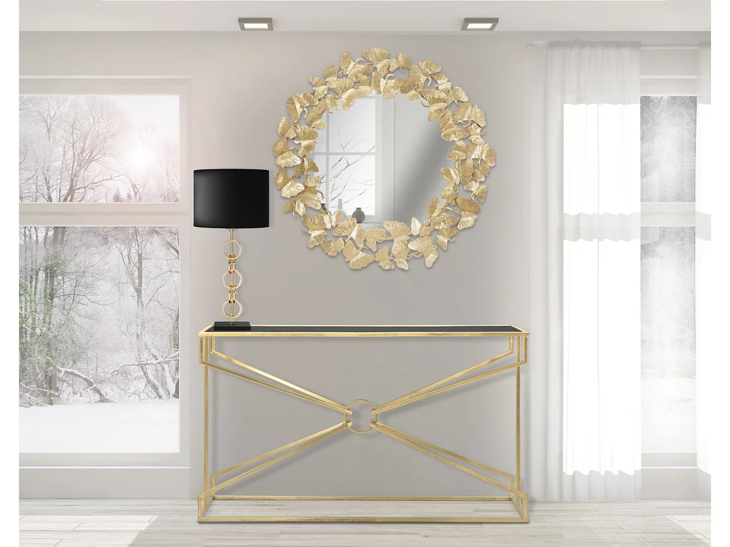 Miroir Mural Design "Feuilles" 87cm Or