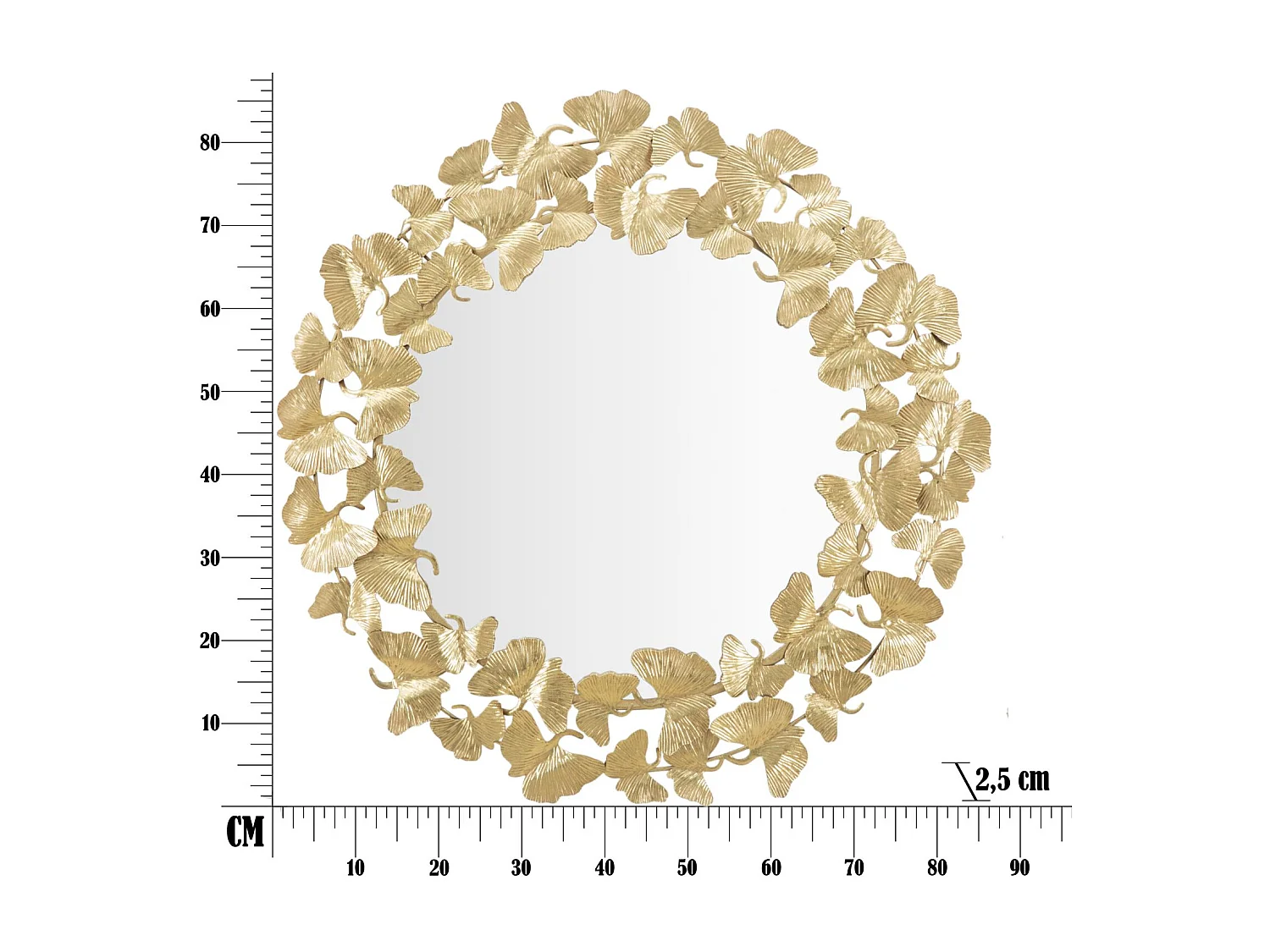 Ronde wandspiegel met gouden metalen bladeren Ø 87x2,5 cm