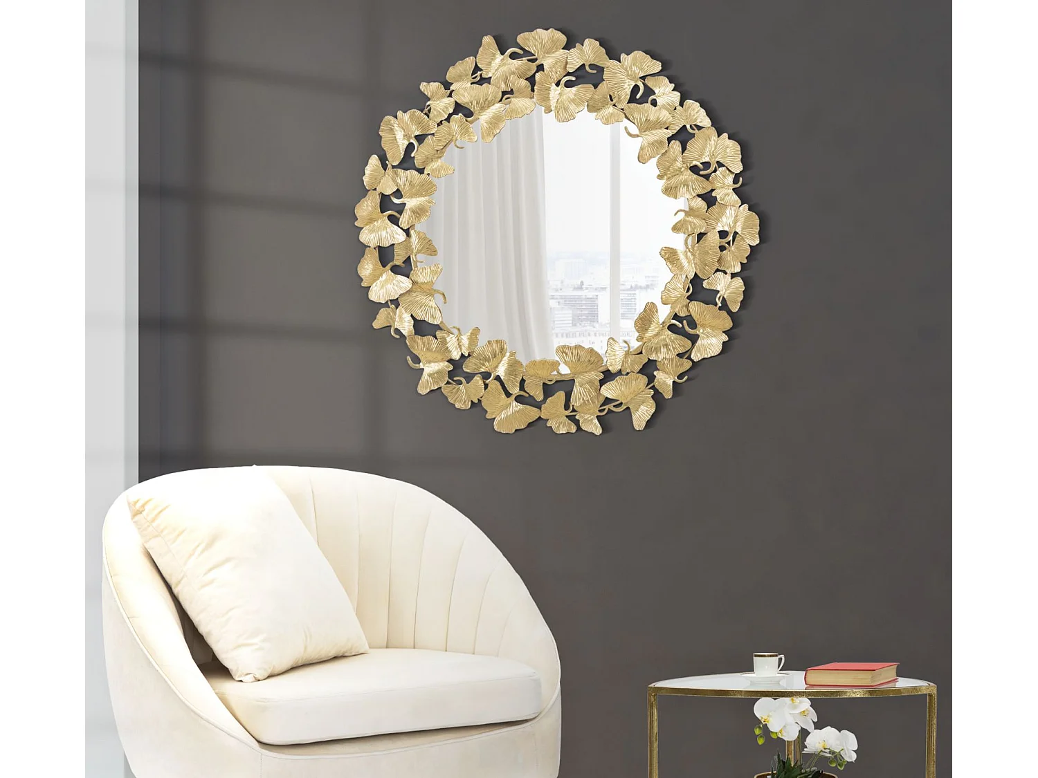 Ronde wandspiegel met gouden metalen bladeren Ø 87x2,5 cm