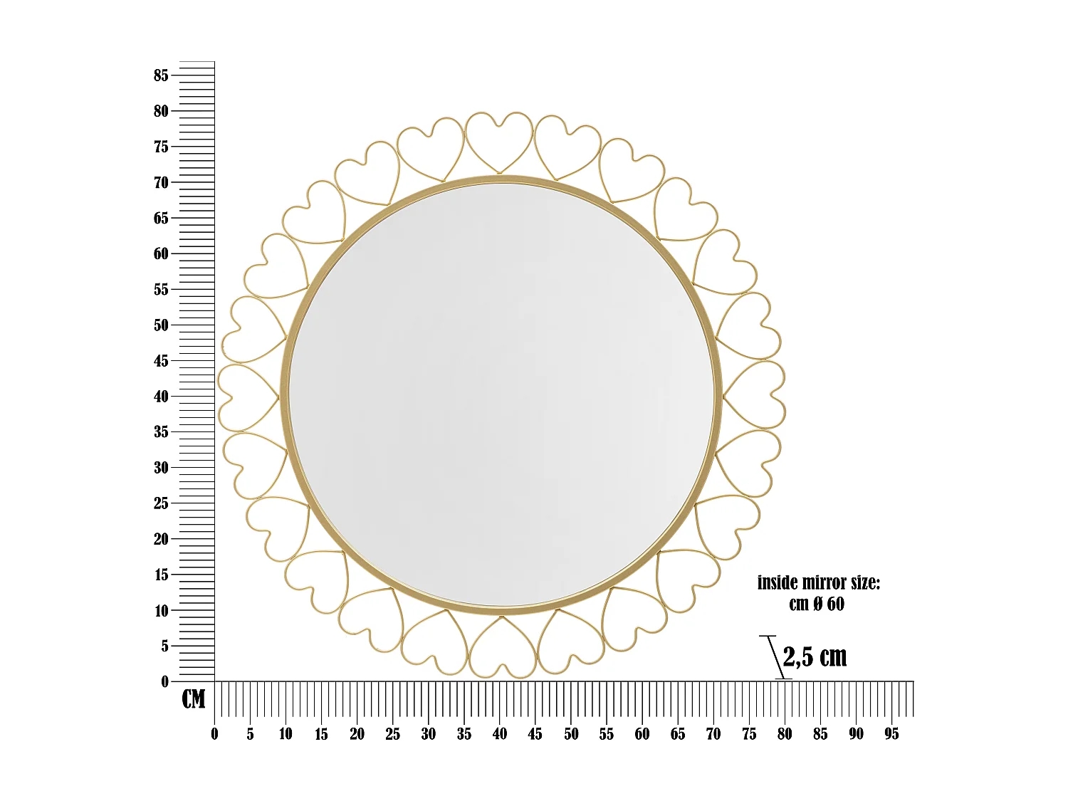 Specchio rotondo da parete con cuoricini in metallo dorato Ø cm 80x2,5