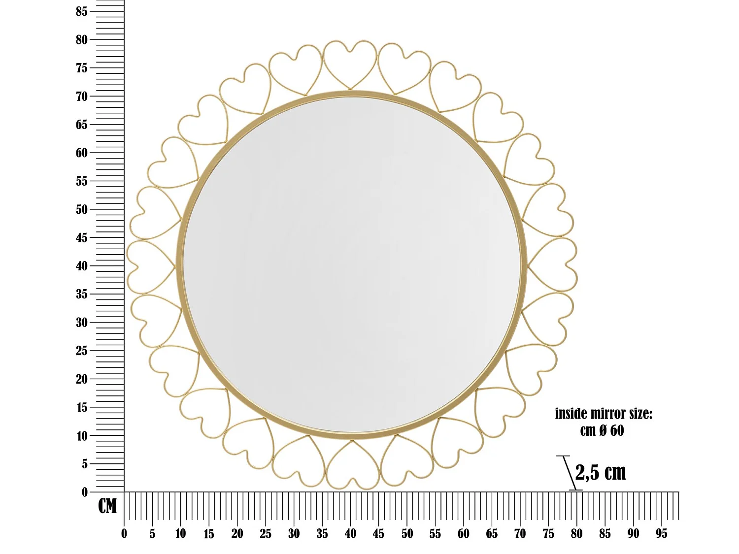 Runder Wandspiegel mit Herzchen aus Metall goldfarben Ø 80x2,5 cm