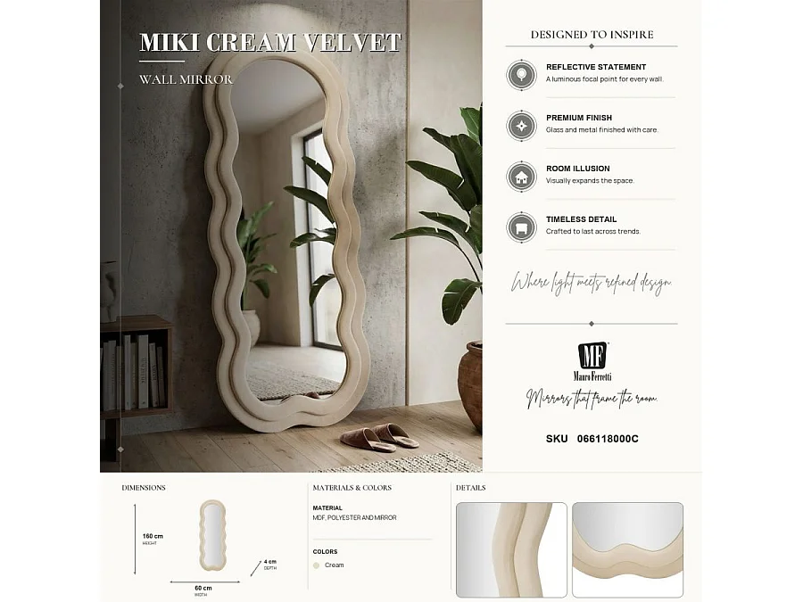 Miroir Mural en Velours "Wavy" 160cm Crème