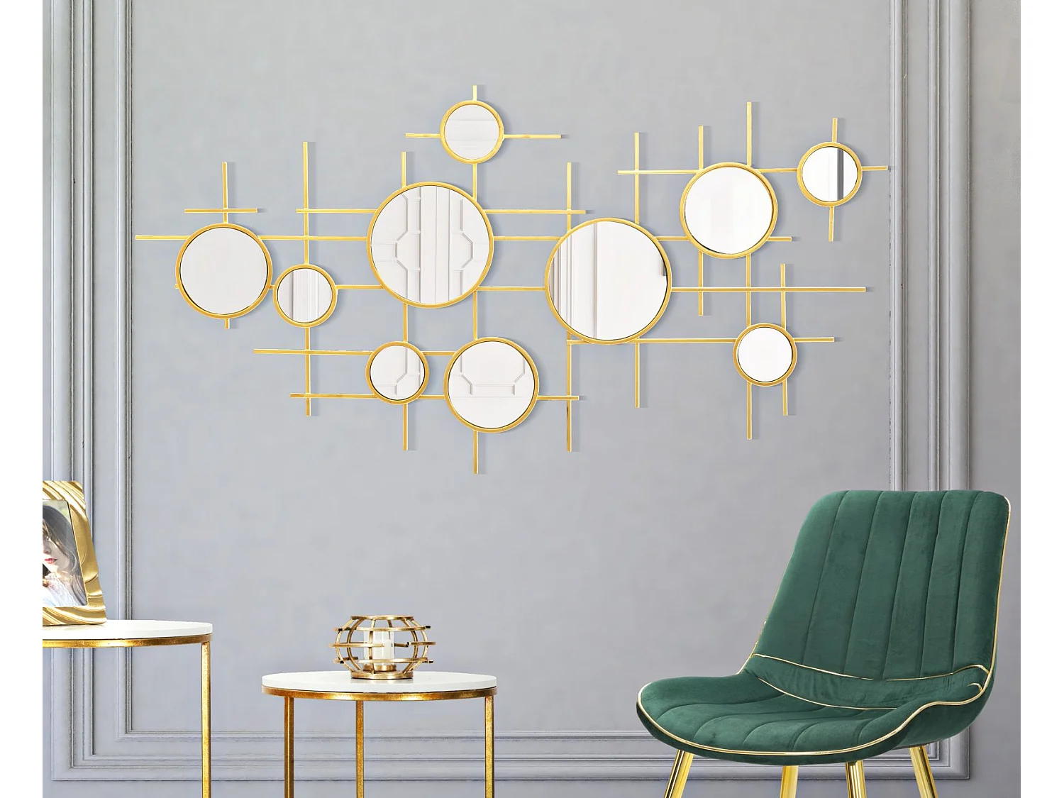 Miroir Mural Composition Déco "Gloxy" 117cm Or