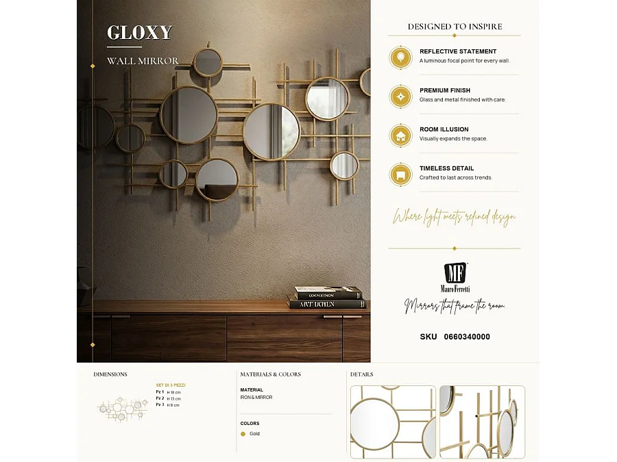 Miroir Mural Composition Déco "Gloxy" 117cm Or