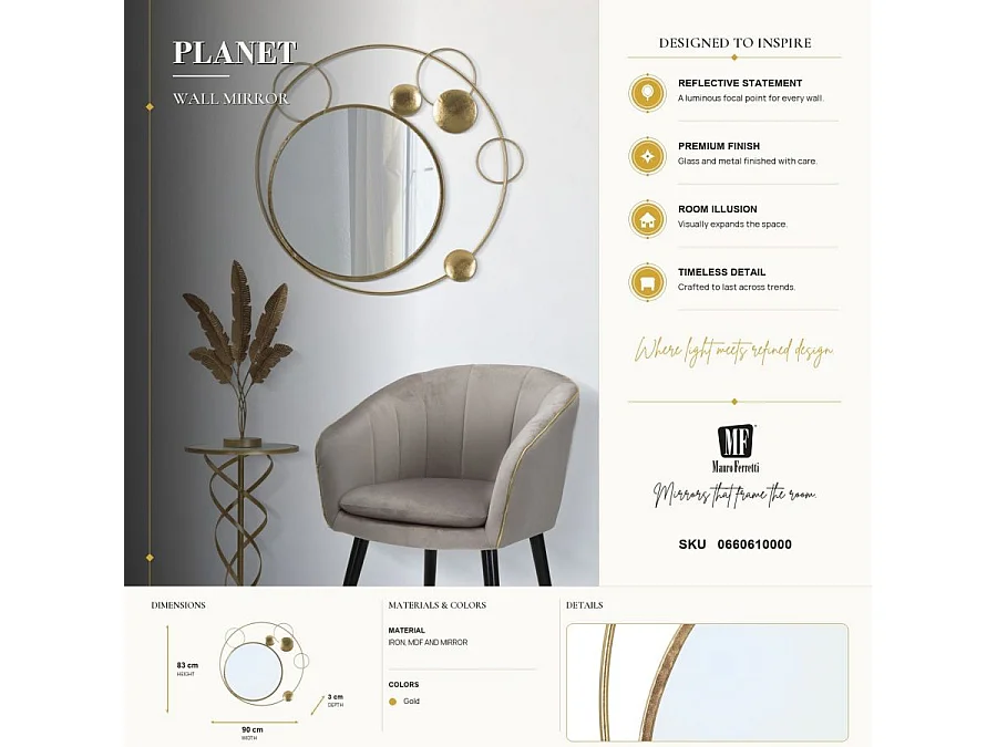 Miroir Mural Design "Planète" 90cm Or