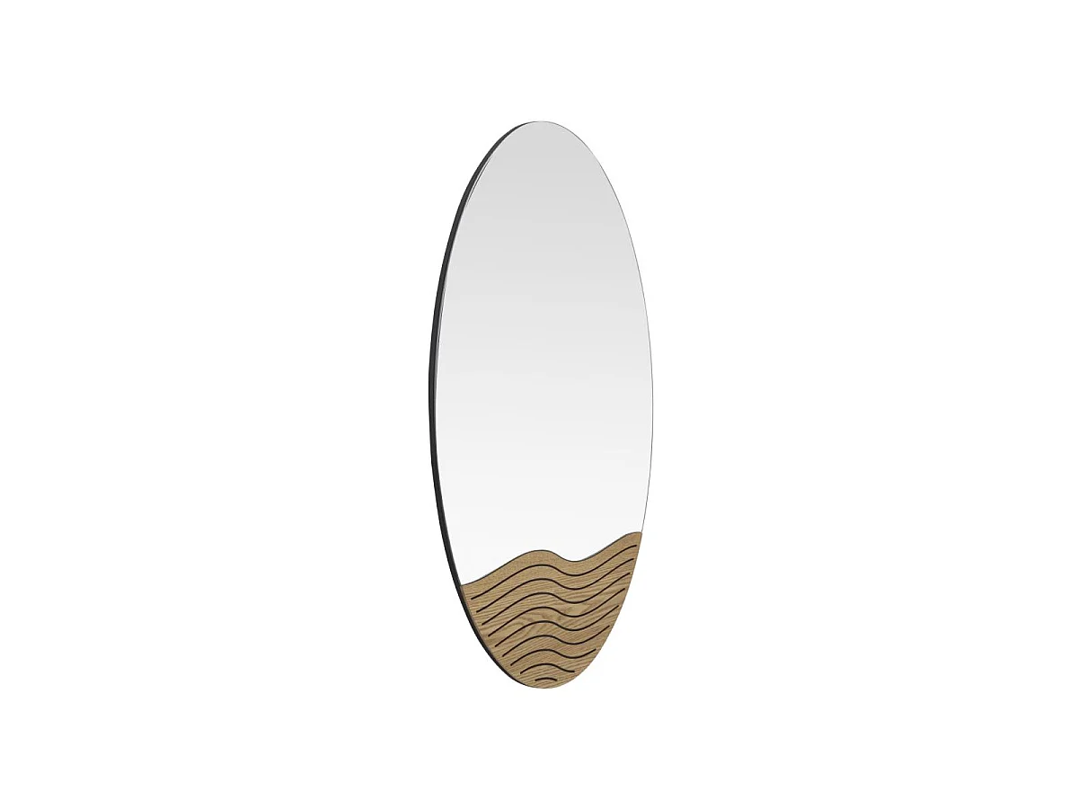 Ronde bruine houten wandspiegel met golven, Ø 50x1,5x80 cm